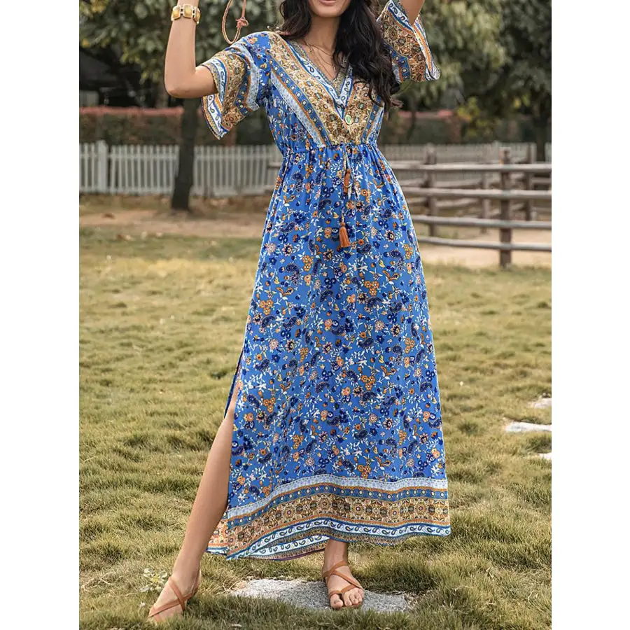 Slit Printed V Neck Half Sleeve Maxi Dress