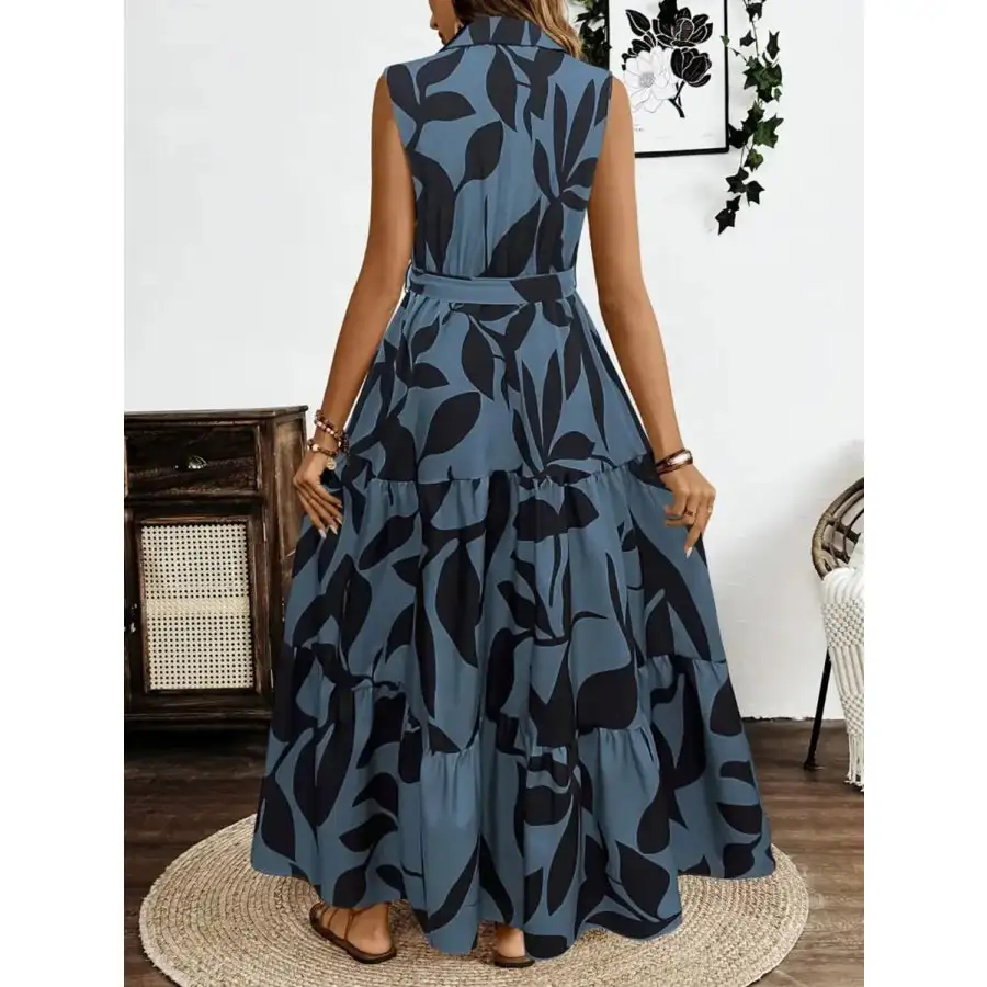 Printed Tie Waist Sleeveless Maxi Dress