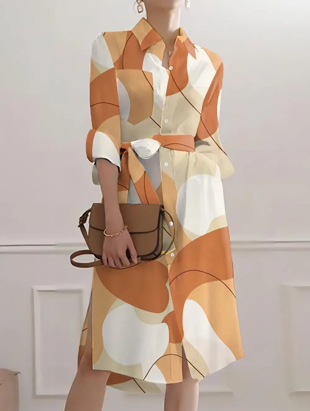 Geometric Print Split Hem Button Dress