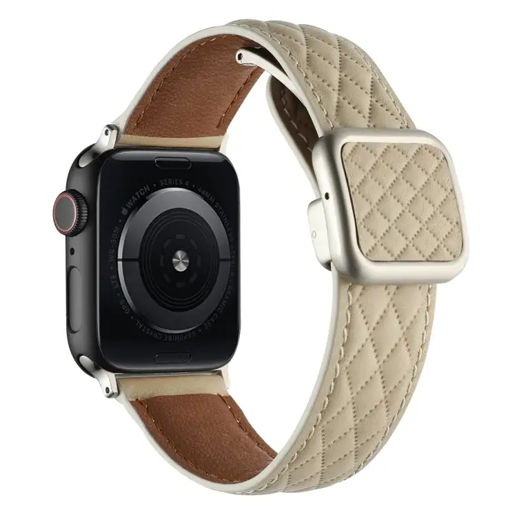 Rhombus Pattern Magnetic Square Buckle Leather Watch Band for Watch Series 2 38 mm - Starlight