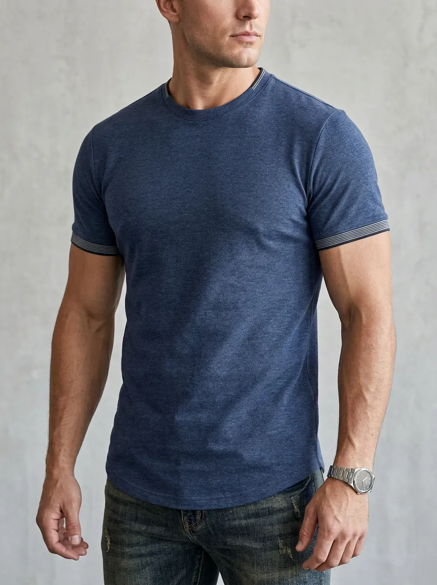 Modern Ribbed Curved Hem Clean Look Men's Slim Fit Short Sleeve T-Shirt