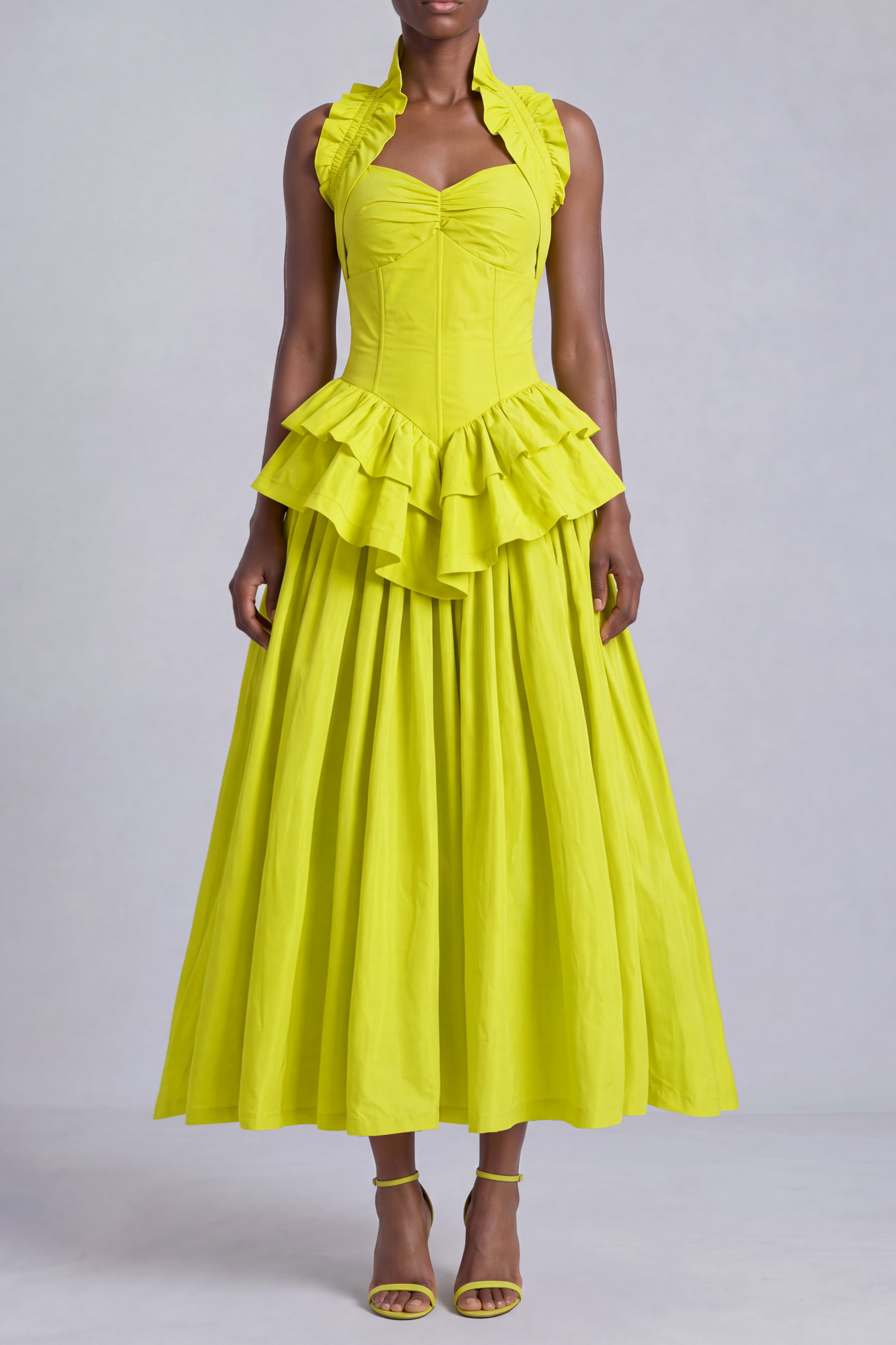 Classic Ruched Ruffle Midi Dress