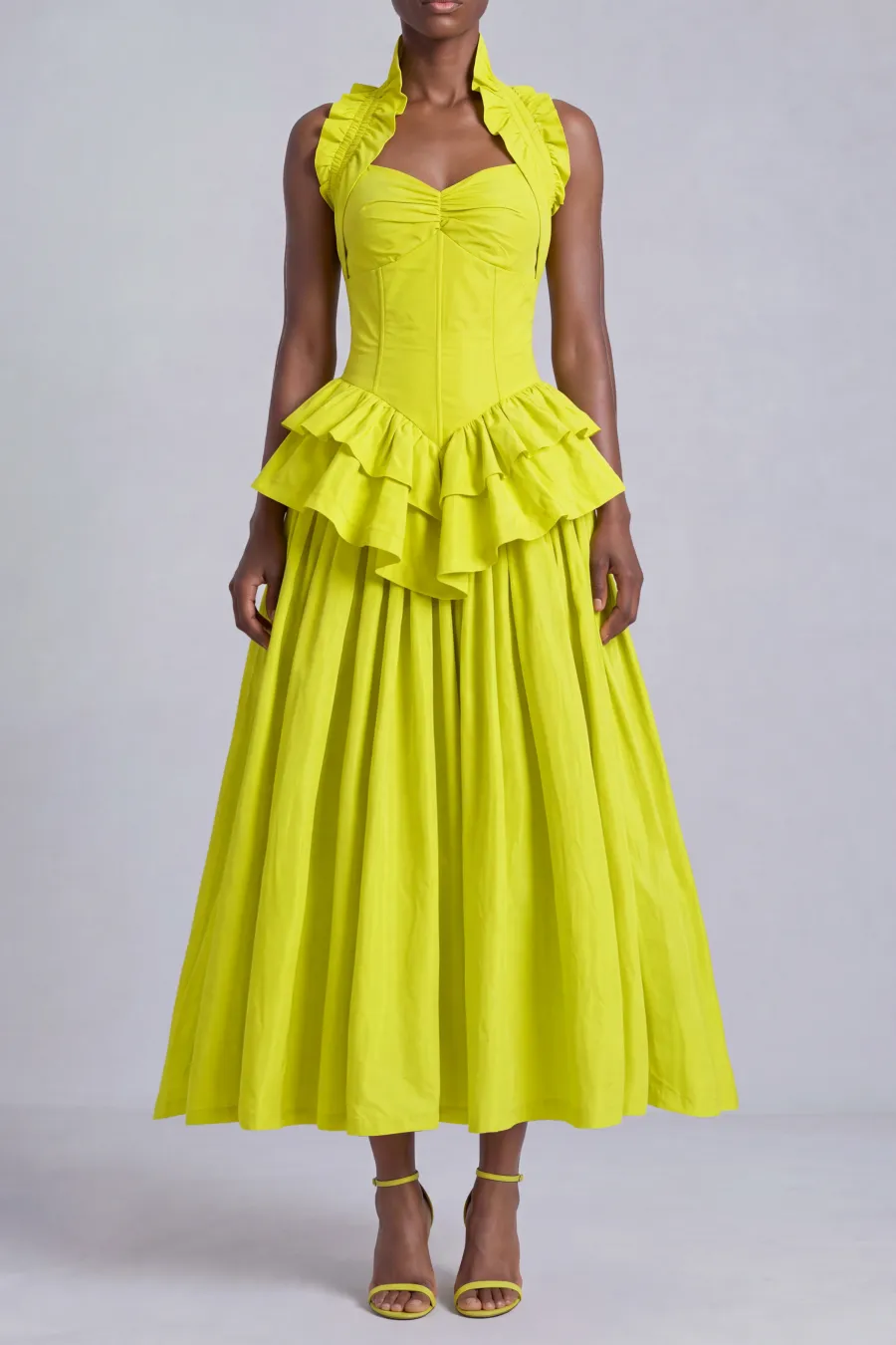 Classic Ruched Ruffle Midi Dress