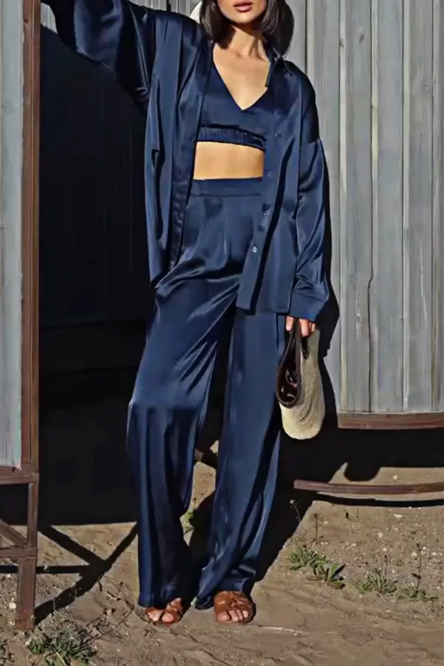 8PACK-Solid Color Silk Fabric Tank Top and Shirt and Pants Three Piece Set