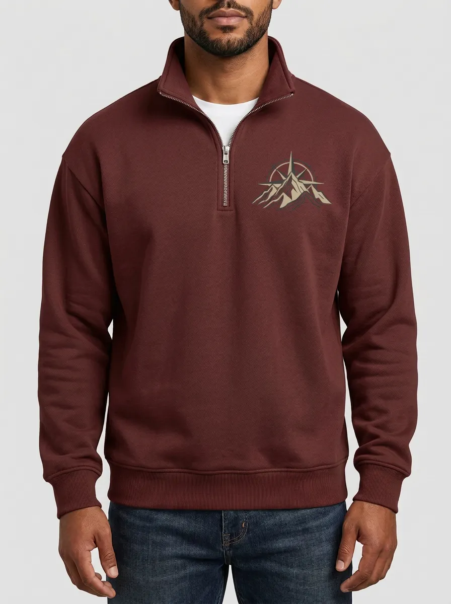 Men's Stone Outdoor Mountain Compass Graphic Quarter-Zip-Neck Sweatshirt