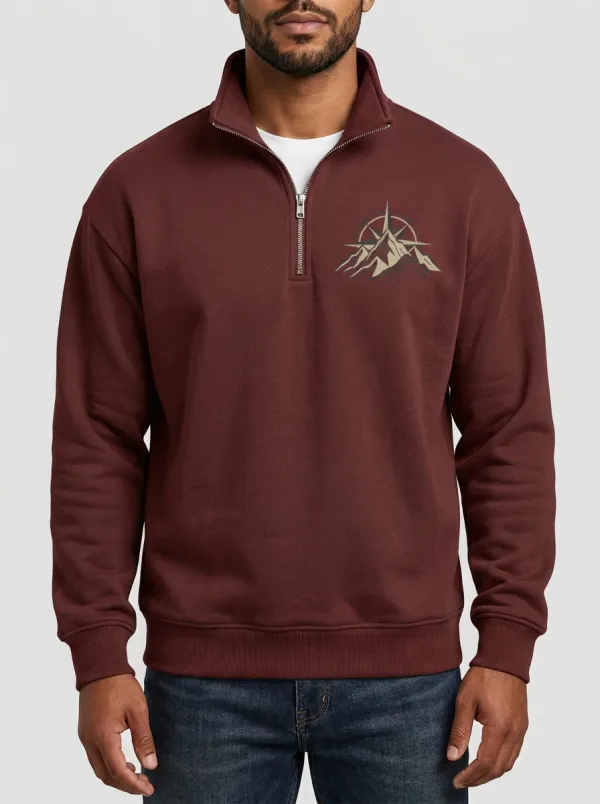 Men's Stone Outdoor Mountain Compass Graphic Quarter-Zip-Neck Sweatshirt