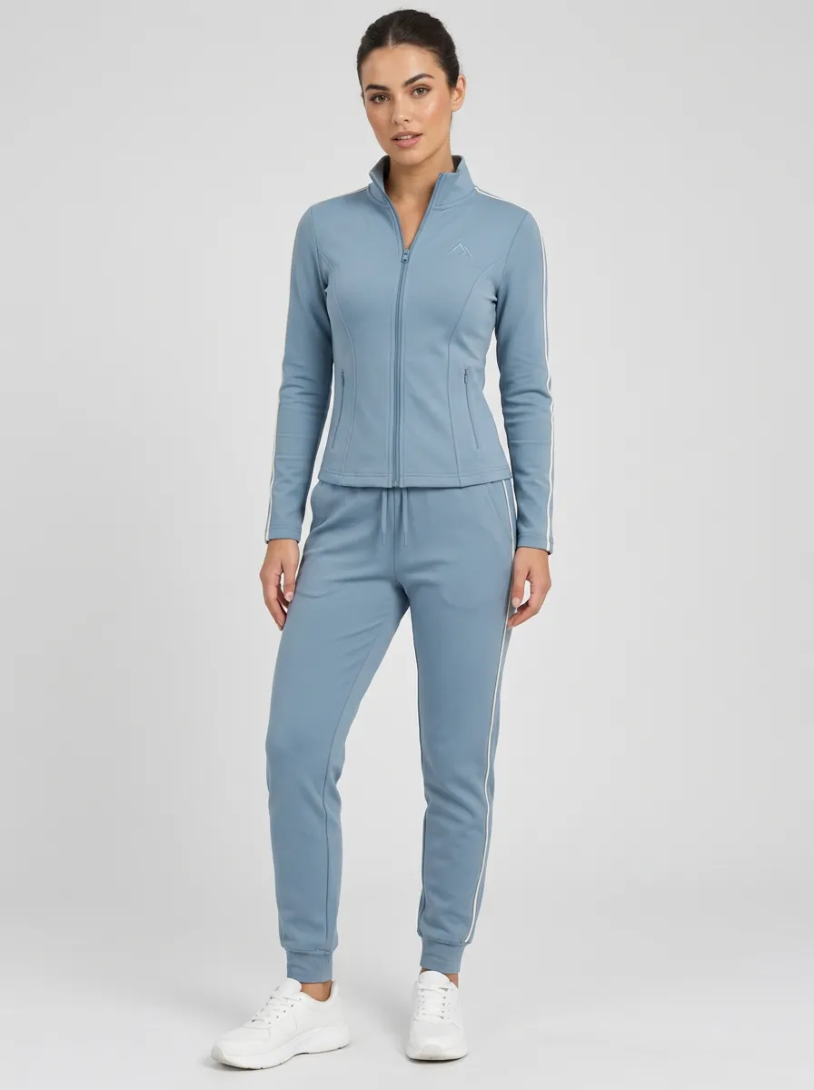 Women's Dusty Blue Zip-Up Jacket & Jogger Set with Side Stripe Detail