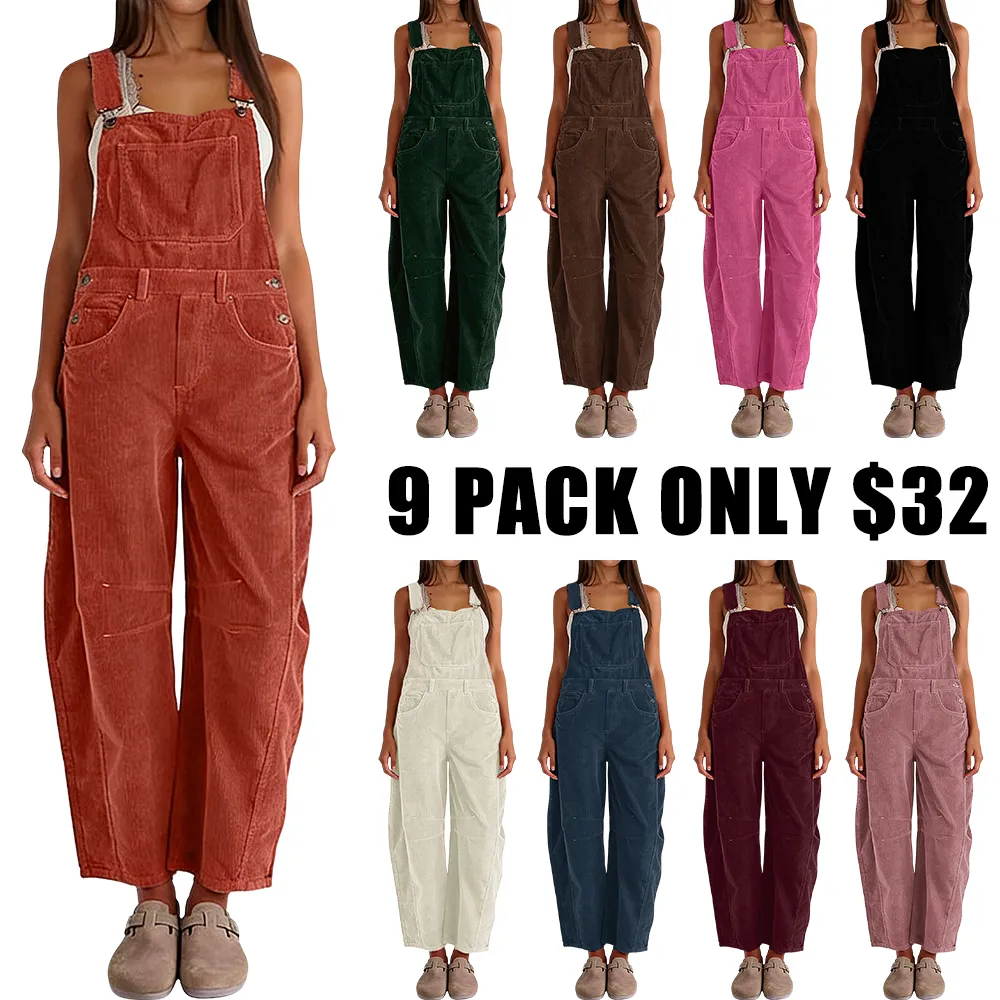 Women Barrel Wide Leg Bib Corduroy Pants