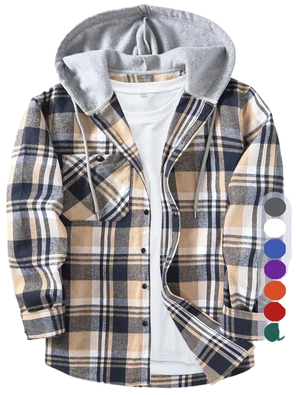 Men's Plaid Print Button Front Drawstring Hooded Shirt, Regular Fit Casual Long Sleeve Pocket Top, Men's Clothes for Daily Wear