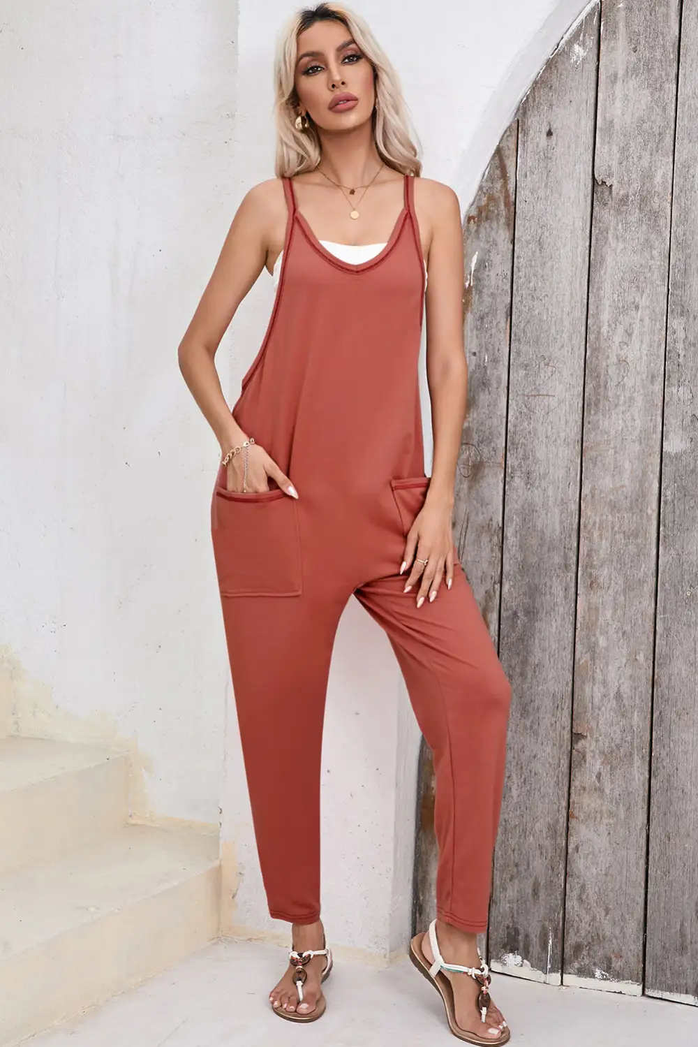 Side Pockets Harem Sleeveless V Neck Pants