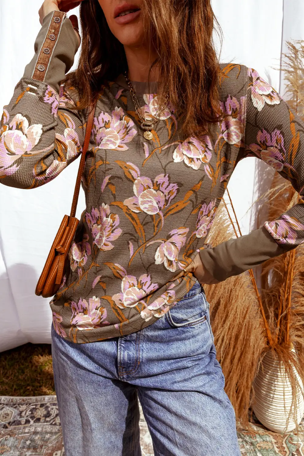 Floral Waffle Texture Long Sleeve Top
