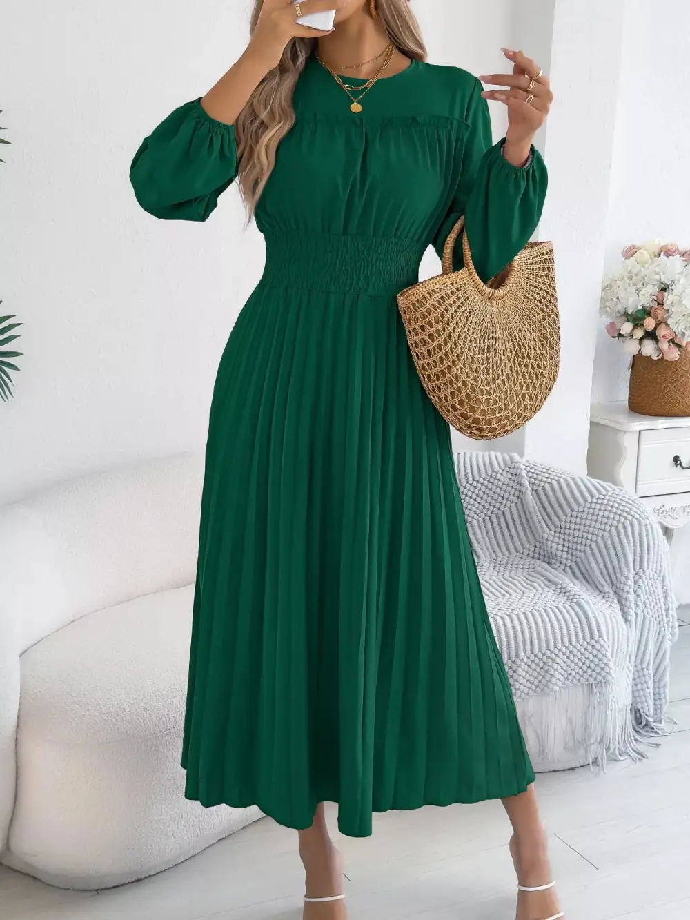 Pleated Smocked Long Sleeve Midi Dress
