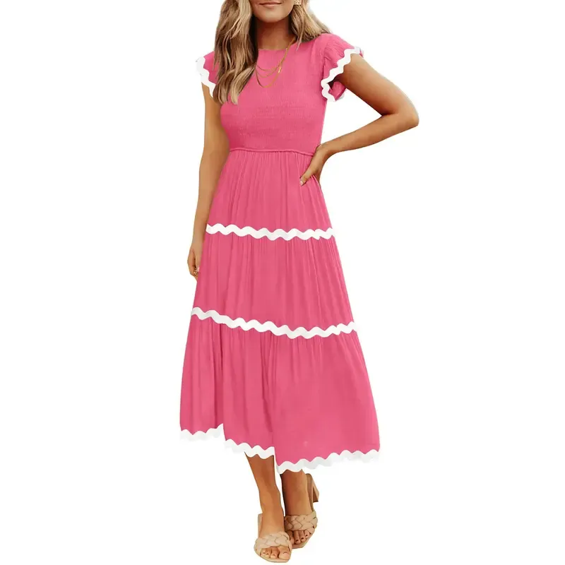 Women's Flowy Short-Sleeved Pleated Midi Dress