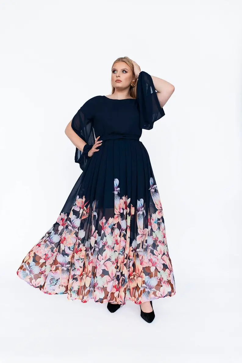 Floral Wrap-over Dress FLORENCE - Long Wedding Guest Dress - Blue Dress For Womne - Chiffon Bridesmaid Dress