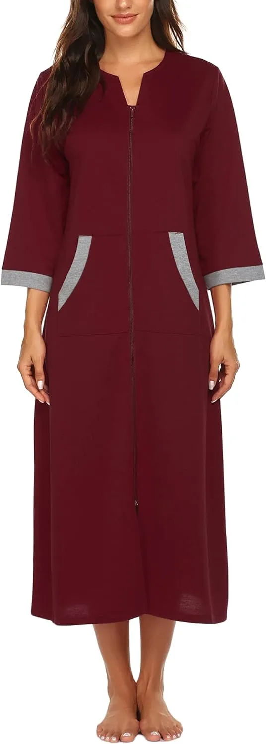 50% OFF Women Zipper Robe 3/4 Sleeves Loungewear Dress Full Length Sleepwear Pockets Housecoat Nightgown Long Bathrobe