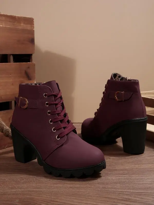Women's Lace-Up Chunky Heel Short Boots, Metal Buckle Accent, Fashionable & Versatile