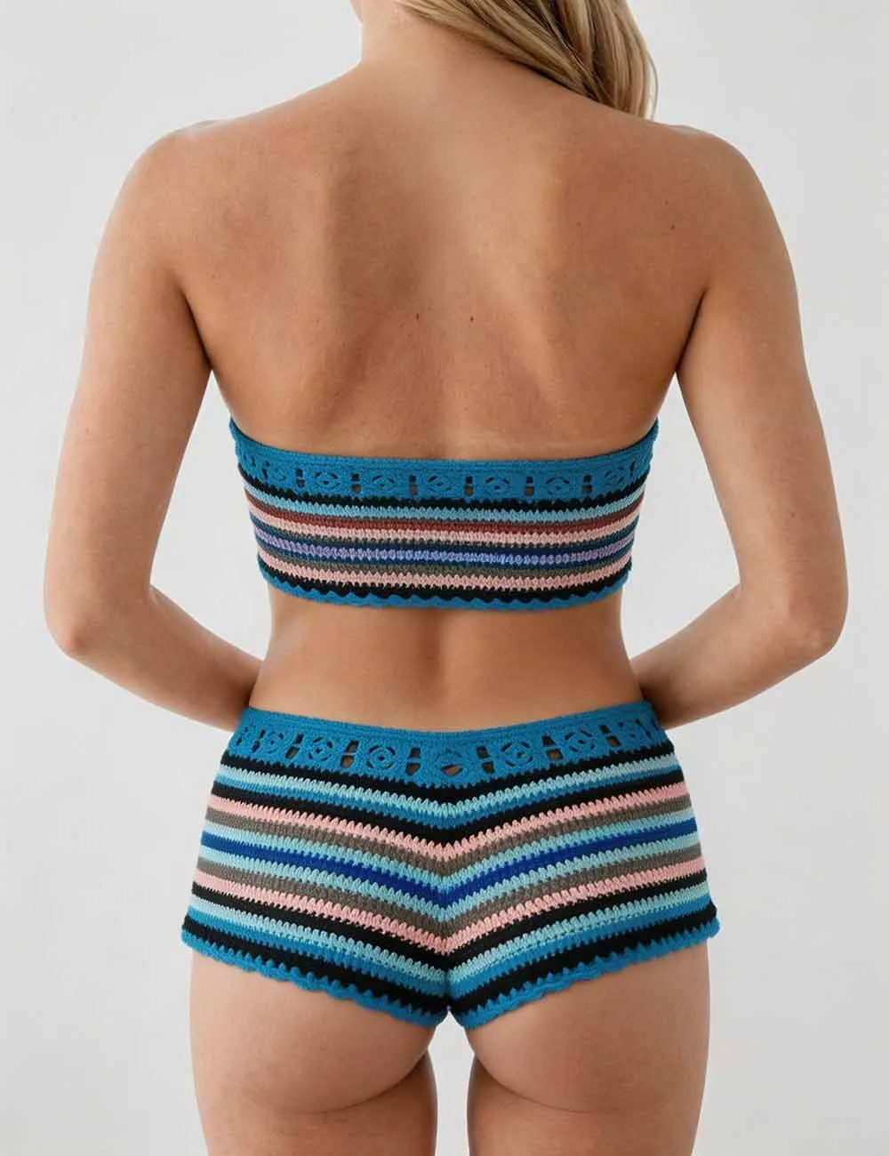 Rainbow Crochet Bandeau Bikini Set with Cover Up Shorts