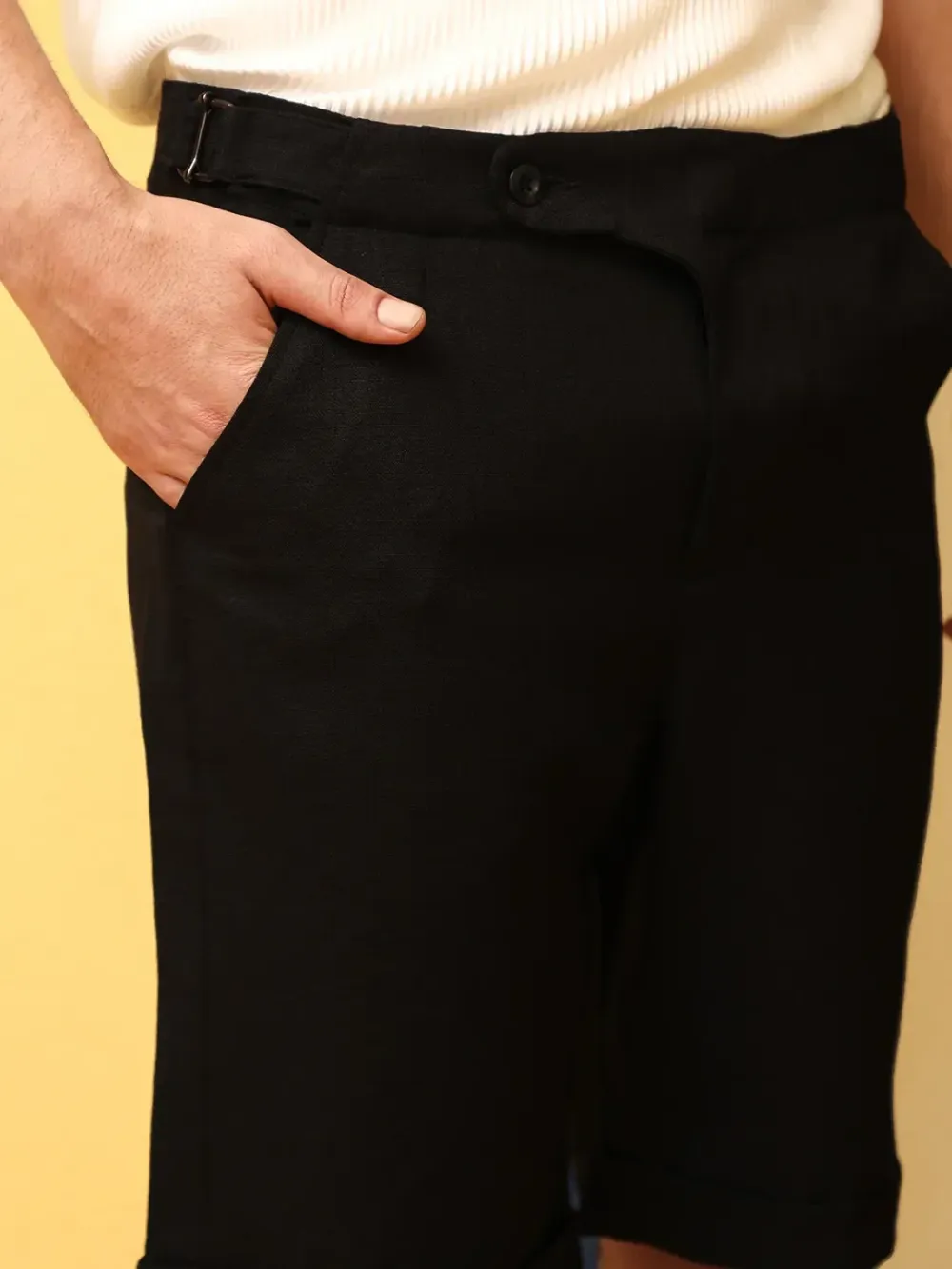 Black Casual Style Poly-Linen Shorts