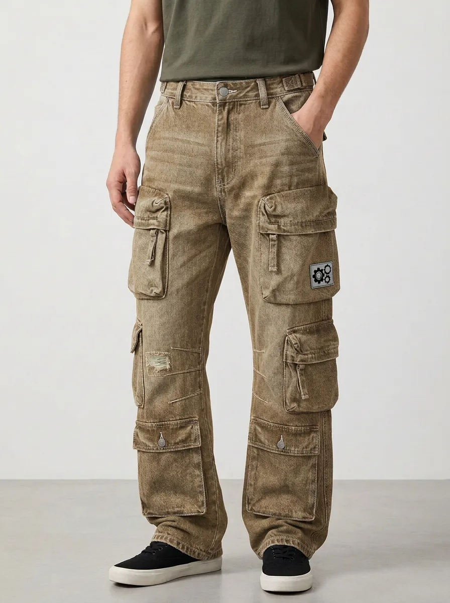 Men's Blue Washed Patchwork Multi-Pocket Straight-Leg Denim Cargo Pants
