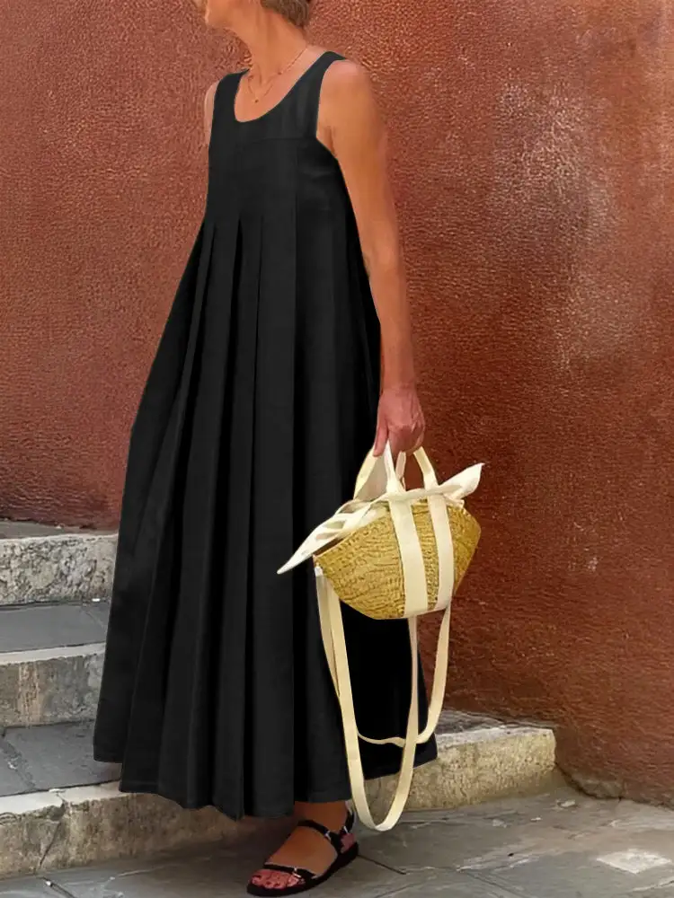 Round Pleated Sleeveless Neck Maxi Dress