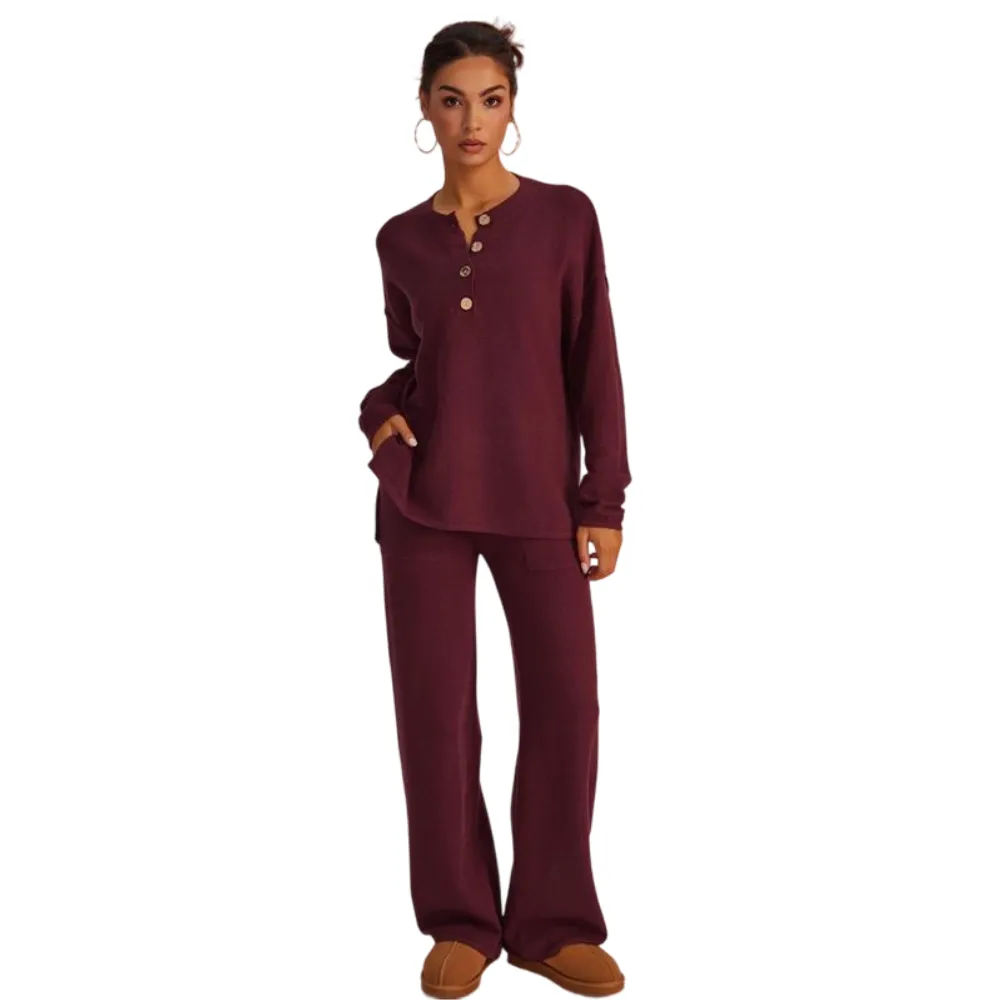 Women's Waffle Knit Loungewear Set Cozy Button Front Top & Wide Leg Pants