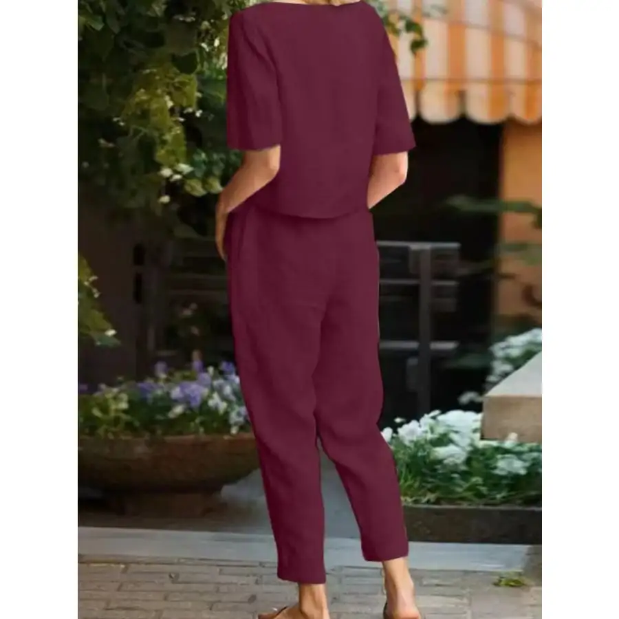 Relaxed Round Neck Short Sleeve Top and Pants Set
