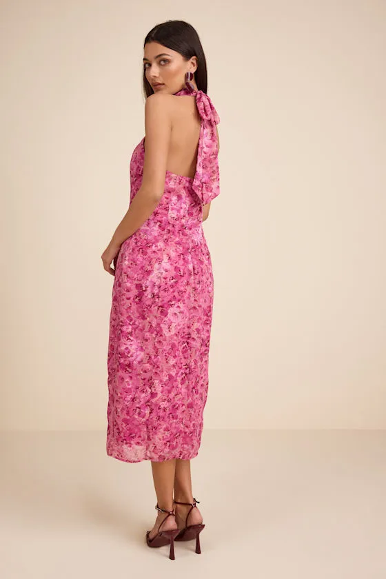 Lana Fuchsia Floral Jacquard Halter Midi Dress