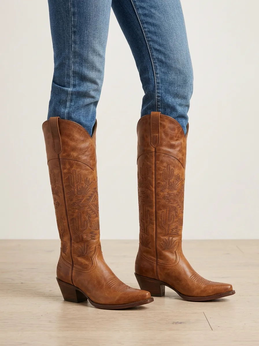 Women's Cactus Geometric Embroidered Pointed-Toe Block-Heel Western Denim Over-the-Knee Boots