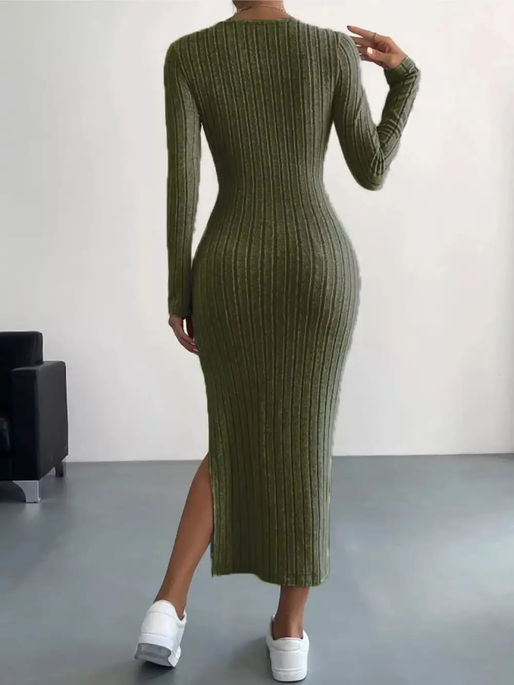 Textured Detail Ribbed Knit Midi Dress