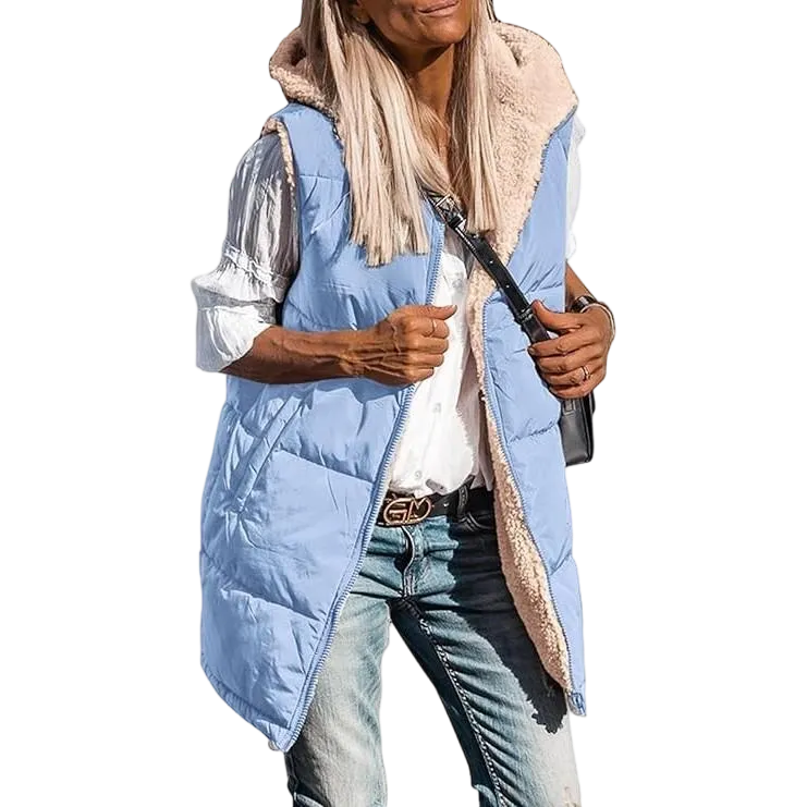 Women's military green double-faced fleece vest with pockets and a hood, long zip-up coat