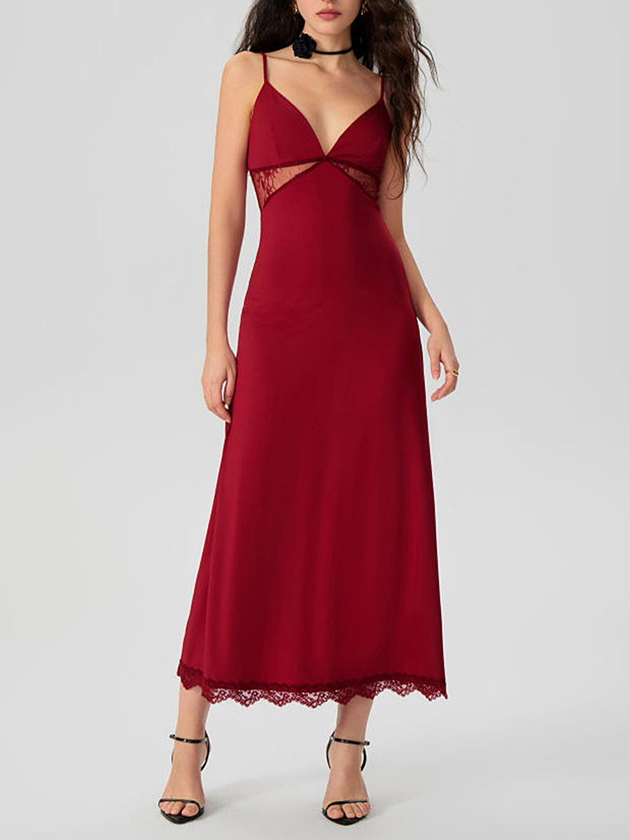 Lace Hem Satin V-Neck Midi Dress