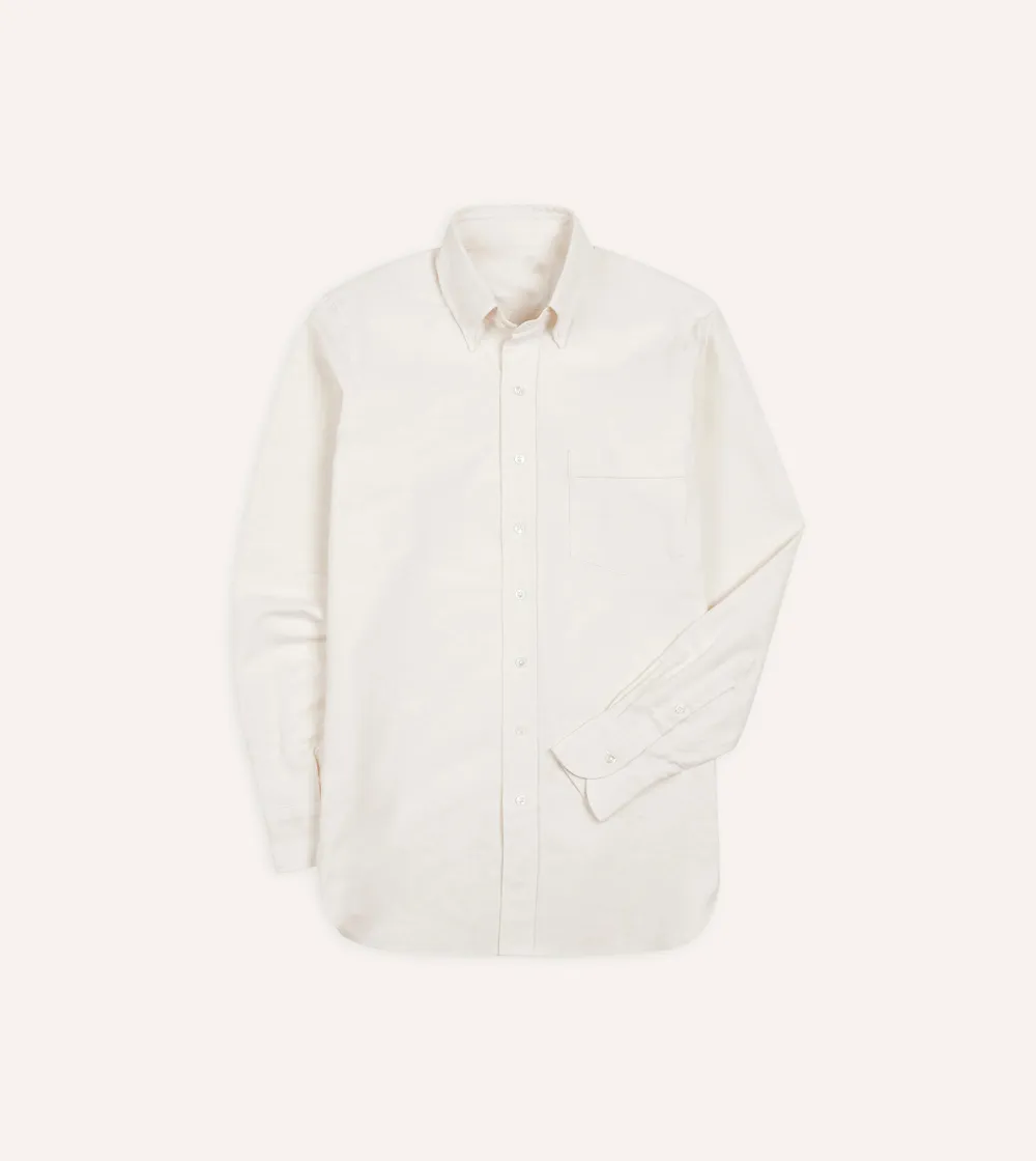 Cream Cotton Oxford Cloth Button-Down Shirt Lapel Plain