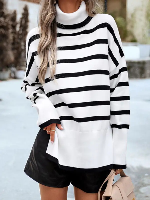 Striped Split Hem High Neck Long Sleeve Relaxed Fit Pullover Sweater