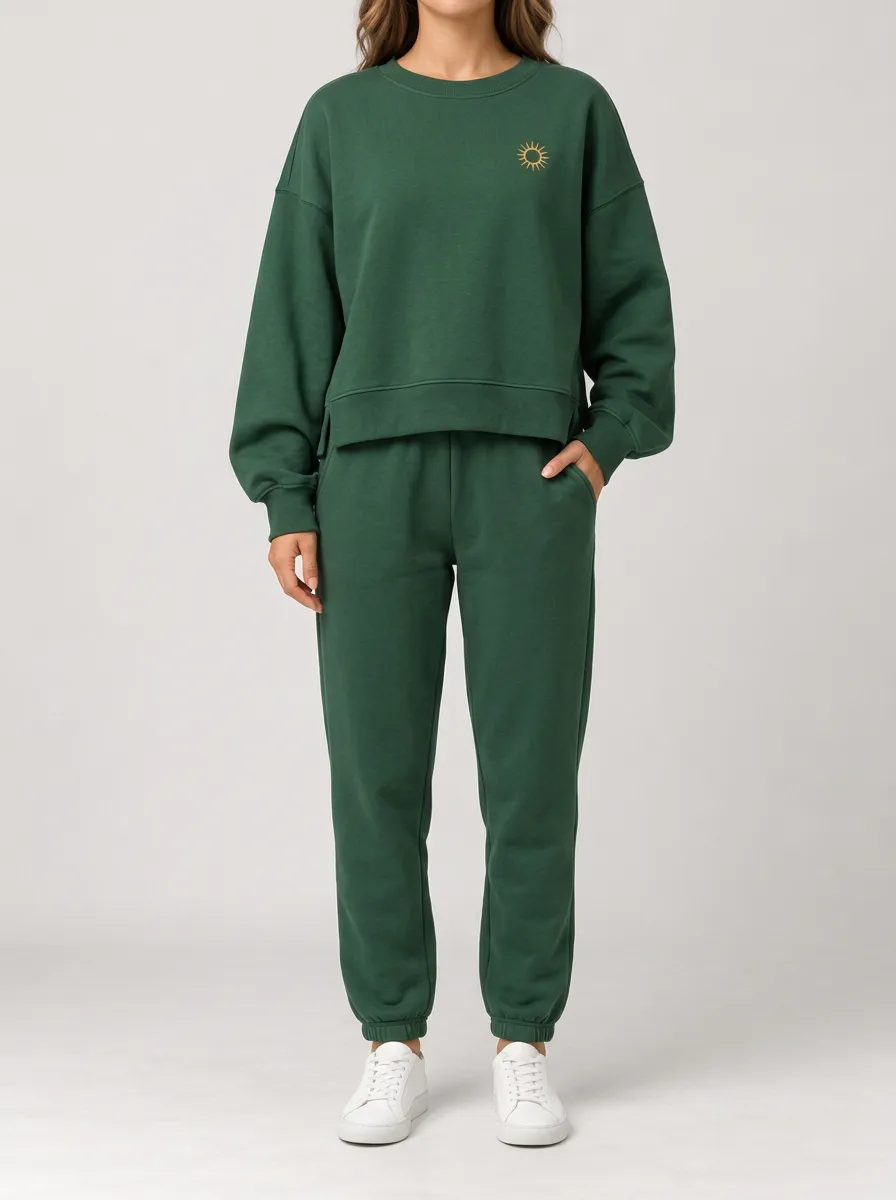 Sun Motif Print Accented Green Sweatshirt and Pants Set
