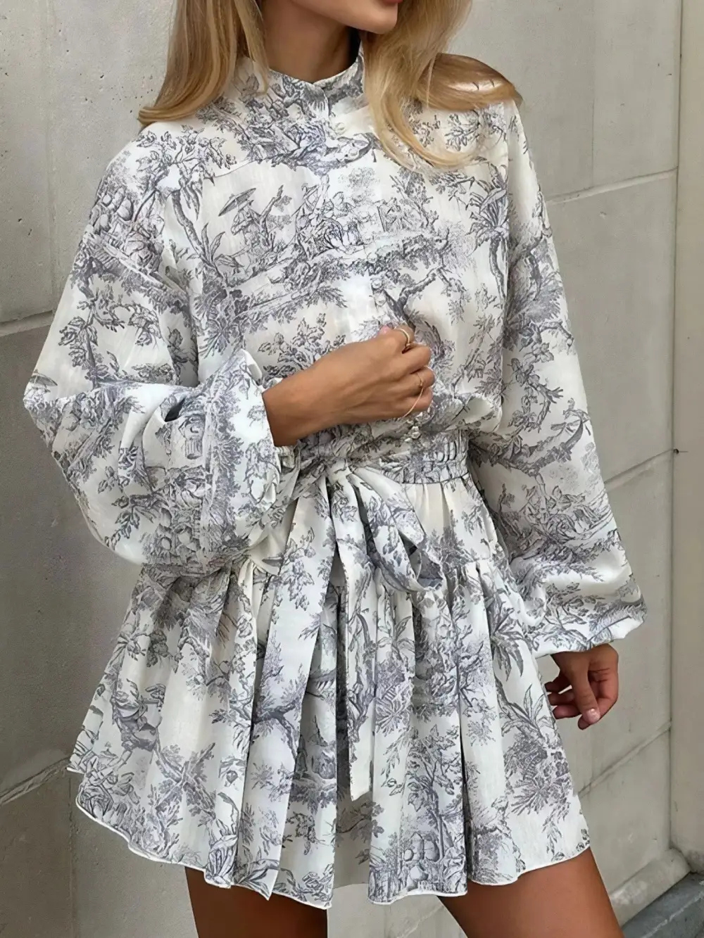 Layered Detail Printed Tie Waist Dress