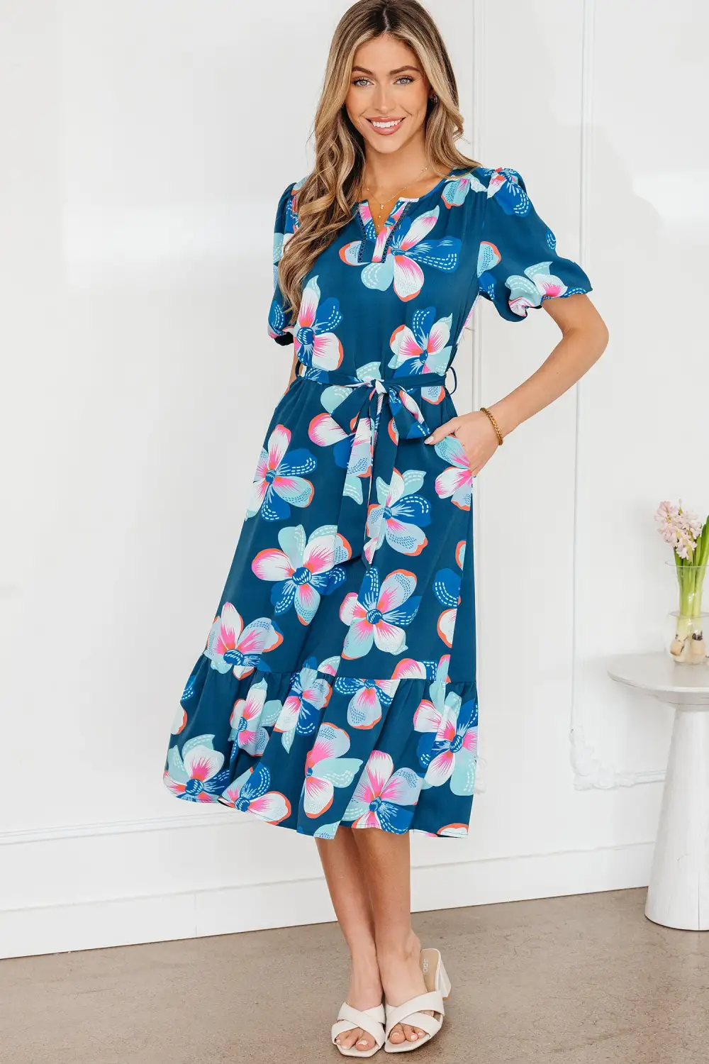 Floral Printed Tie Waist Dress Casual