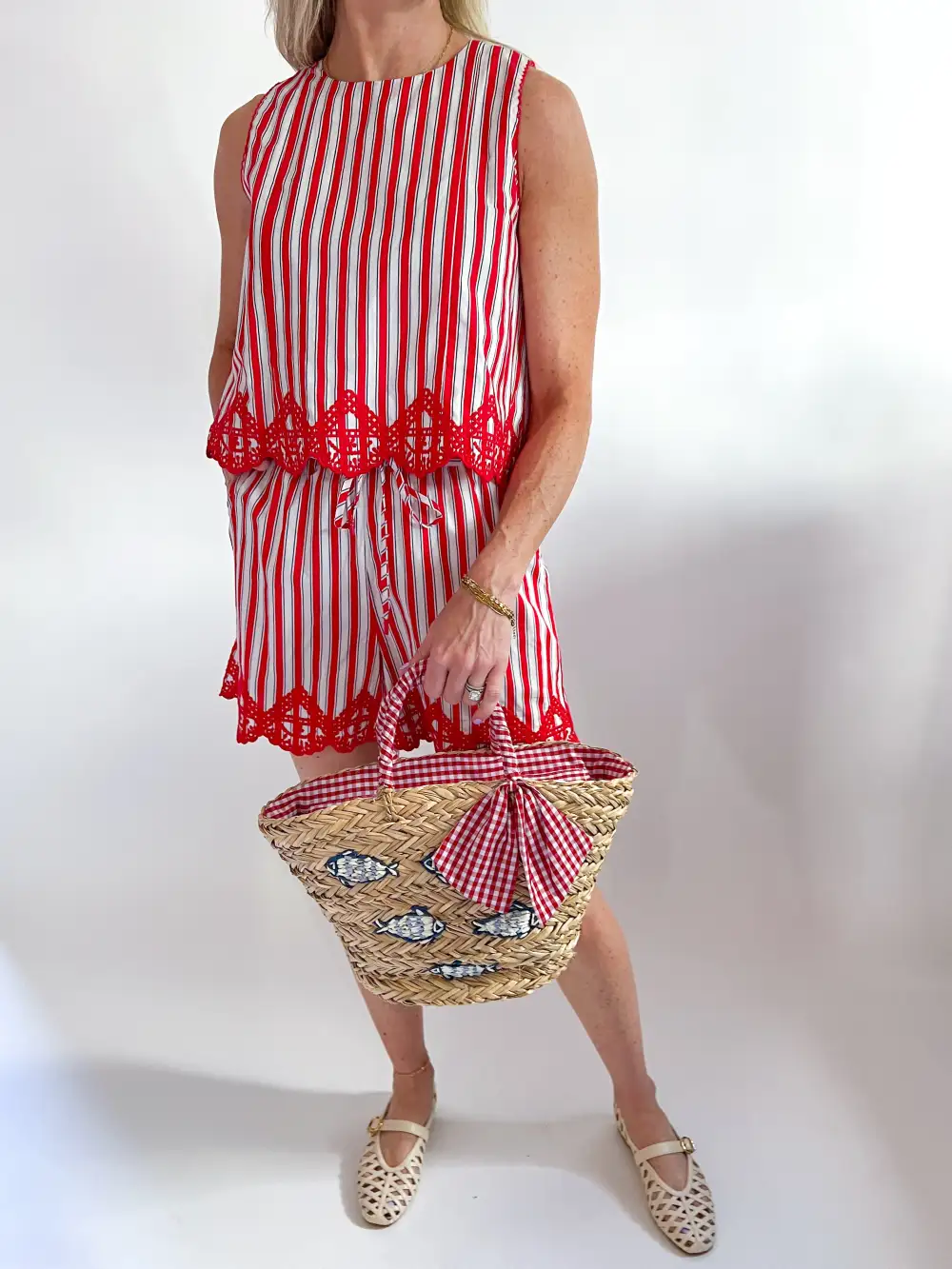 Striped Embroidered Top And Shorts Set