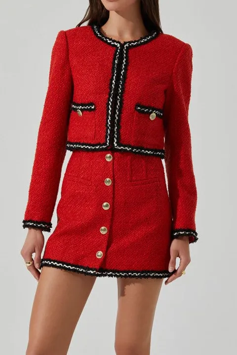 Red Tweed Contrast Piping Blazer Set