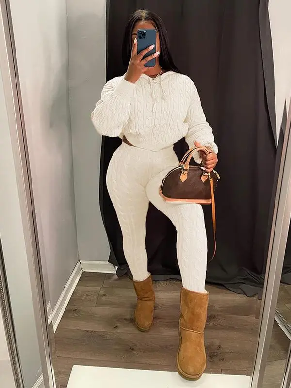 Women's Minimalist Textured Long Sleeve Crop Hooded Sweater& High Waist Skinny Pants Set