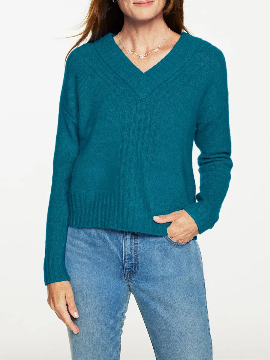 Lady'S Elegant Rib Knit Trimmed V Neck Soft Sweater