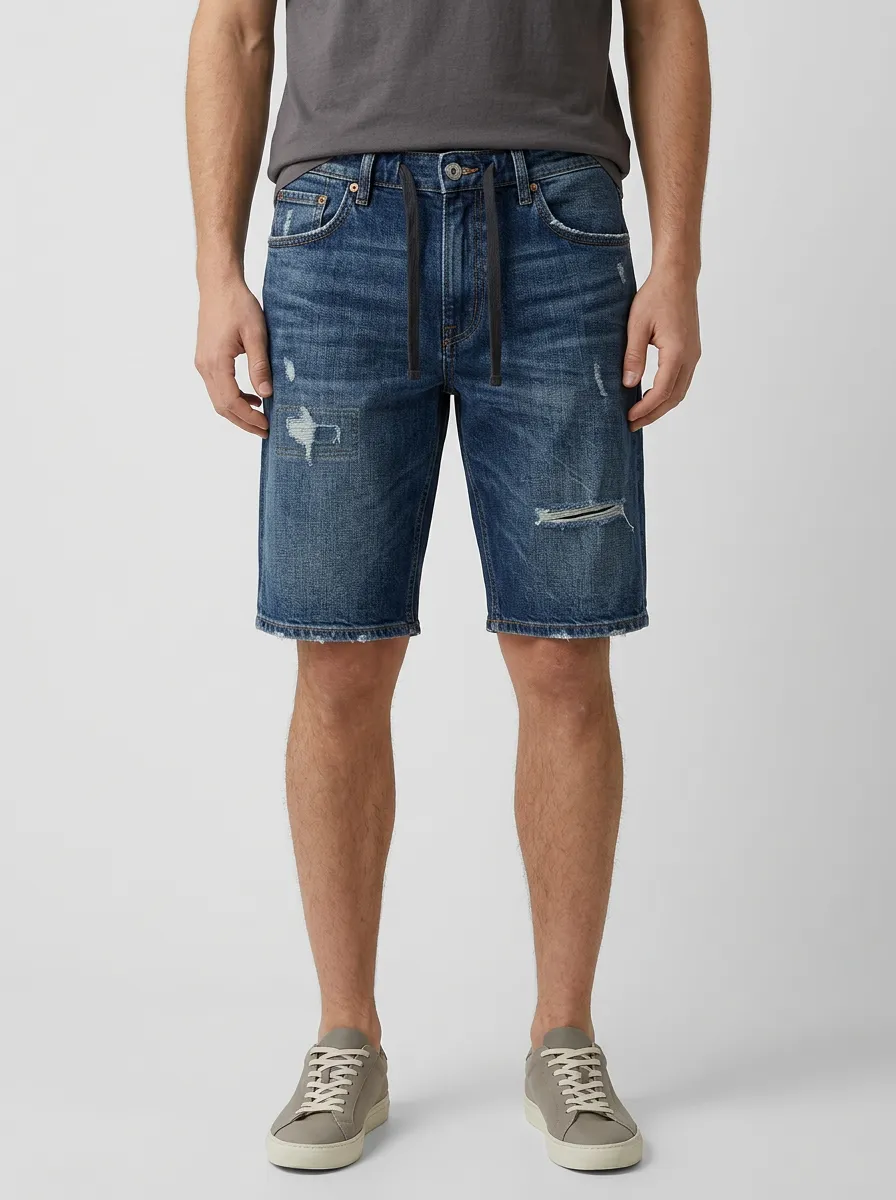 Men's Textured Distressed Raw Hem Street Inspired Distressed Denim Shorts