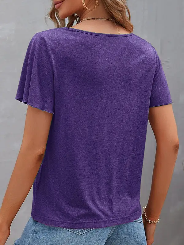 Relaxed Curve Fit Cutout Panel Detail V-Neck Polyester T-Shirt