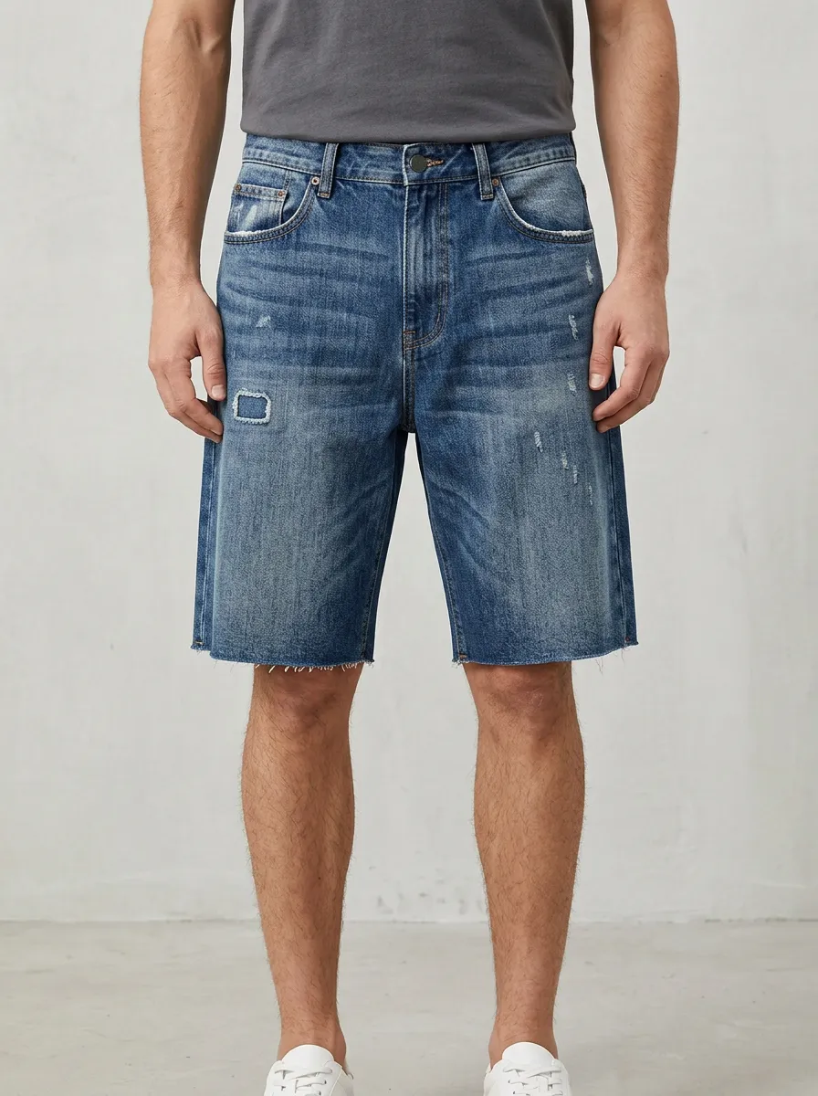 Men's Boho Inspired Distressed Raw Hem Street Inspired Distressed Denim Shorts