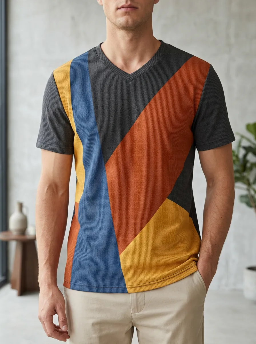 Men's Geometric Color Block Waffle Knit Printed V-Neck T-Shirt