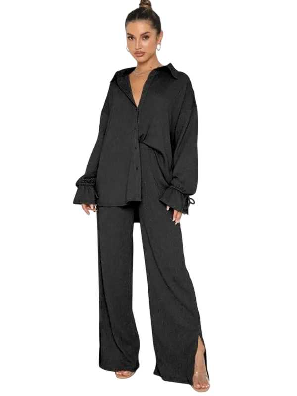 Women's Button-Front Shirt & Split-Hem Pants Set - Flounce Sleeve Top & Wide-Leg Trousers
