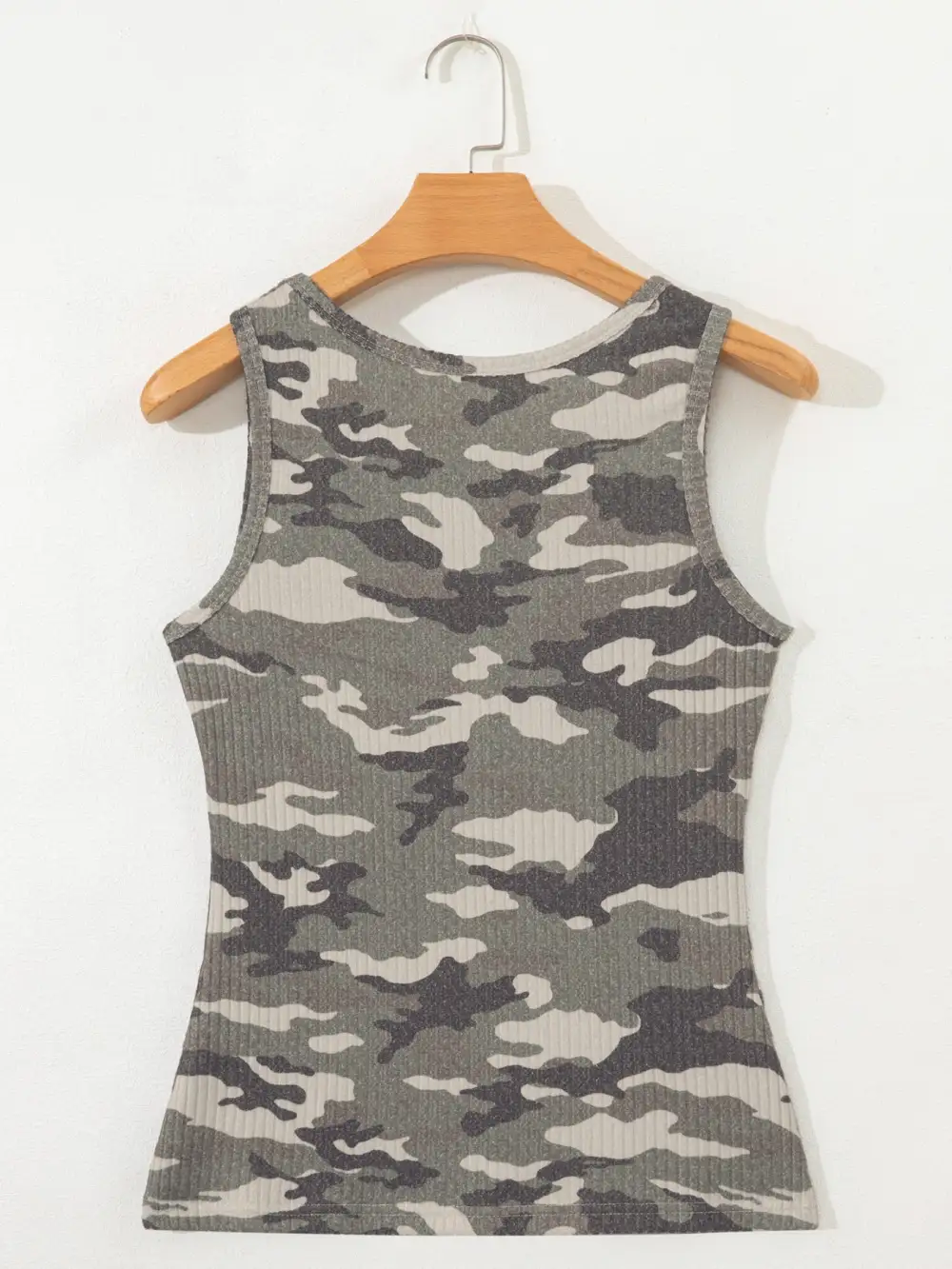Camouflage Ribbed Knit Round Neck Tank Top