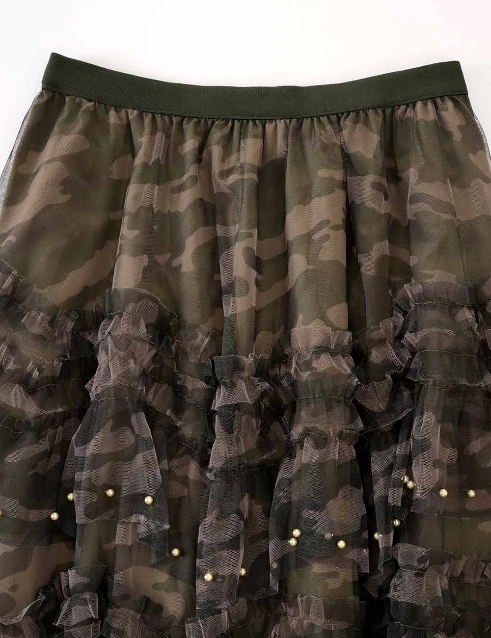 Casual Camo Pearl Tiered Ruffle Tulle Maxi Skirt