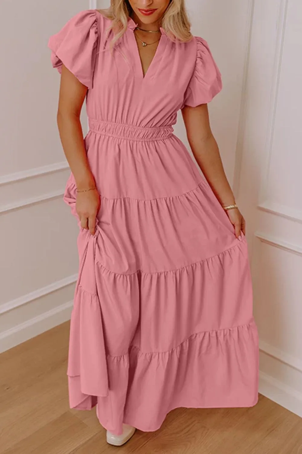 Ruffle Tiered Puff Sleeve Maxi Dress