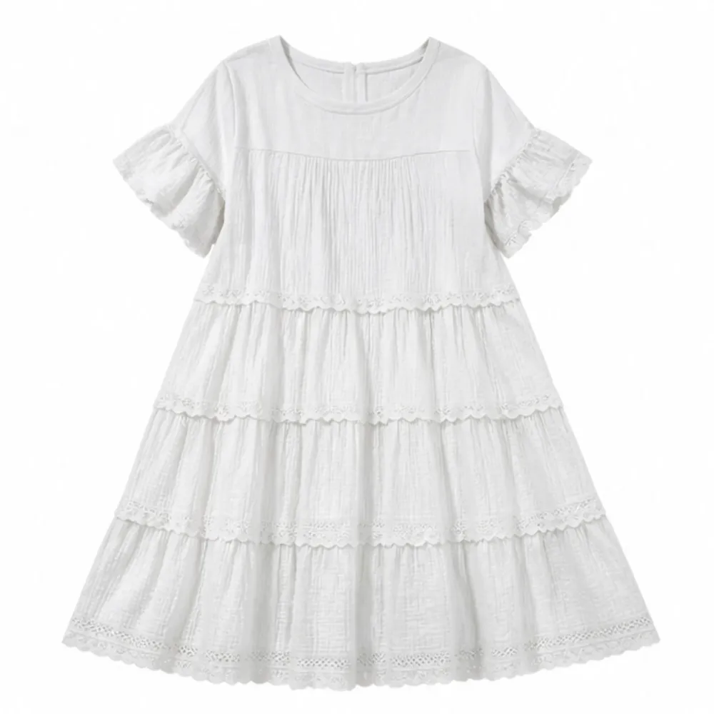 Tiered Lace Trim Pocket Midi Dress
