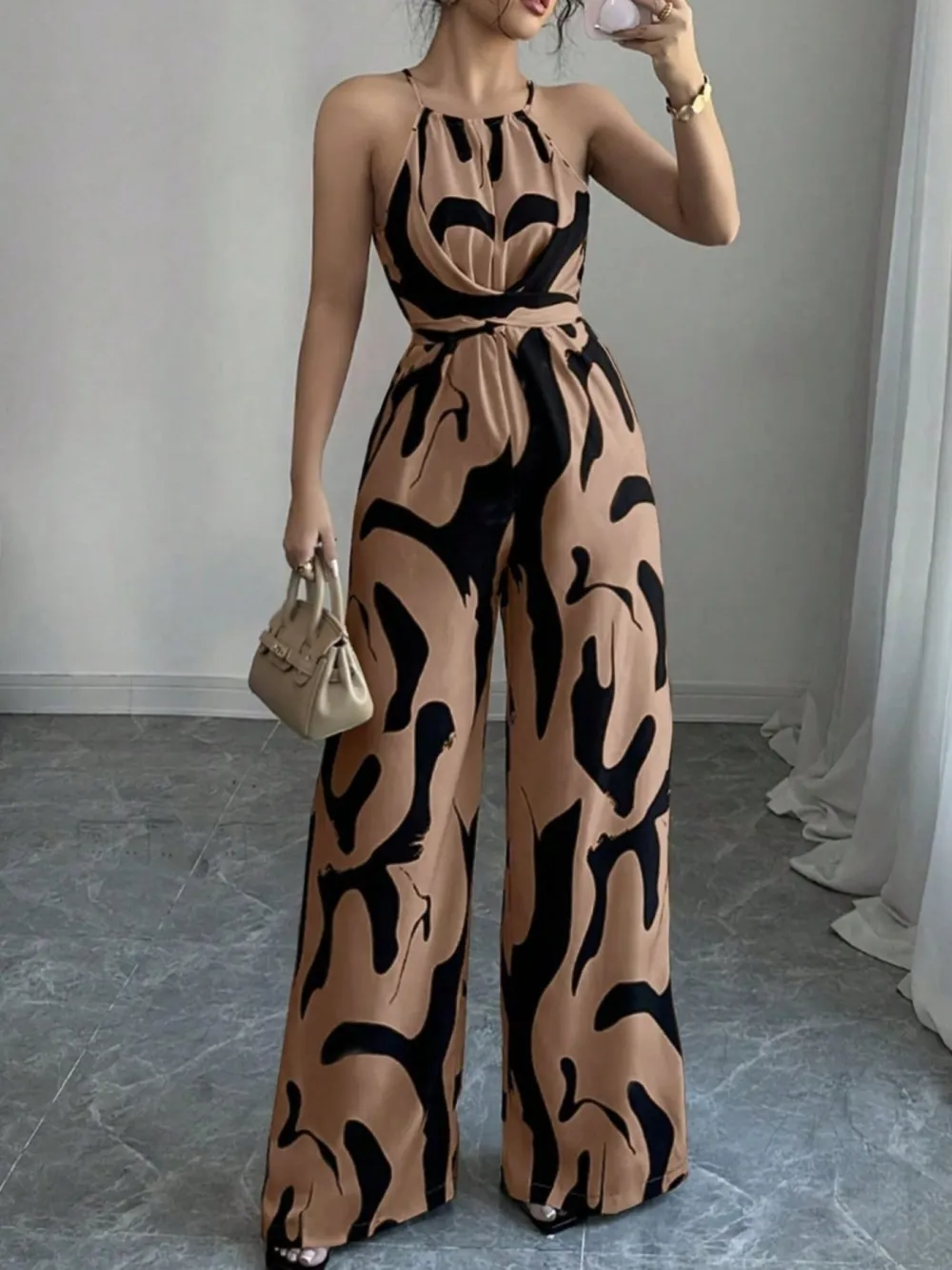 Abstract Print Sleeveless Wide Leg Jumpsuit